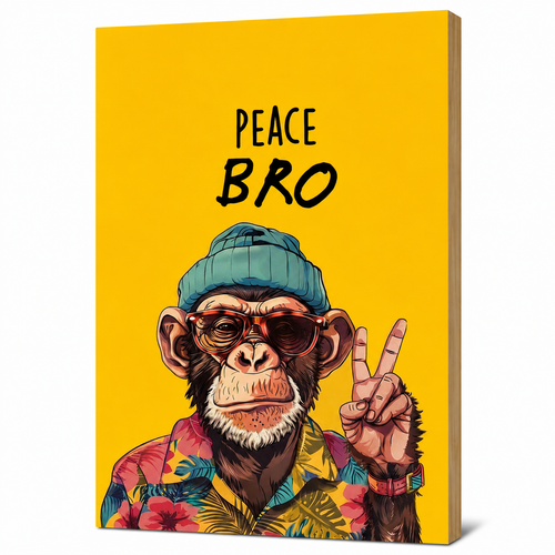 MyTinkly™-"Peace Bro" Ape Wall Photo Plank | Premium MDF, Matte Laminated | Decorative Wall Hanging for Home, Bedroom & Office