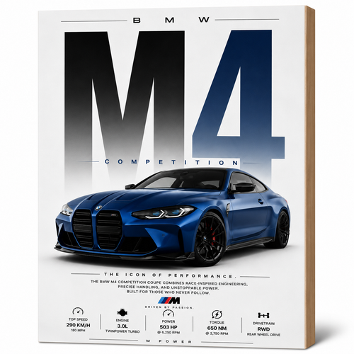 My Tinkly- "BMW M4 Competition" Wall Photo Plank | Premium MDF, Matte Laminated | Decorative Wall Hanging for Home, Bedroom & Office