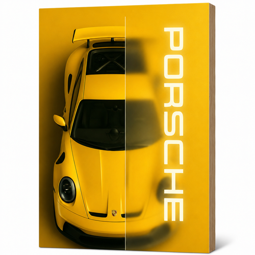 My Tinkly- "Yellow Porsche" Wall Photo Plank | Premium MDF, Matte Laminated | Decorative Wall Hanging for Home, Bedroom & Office