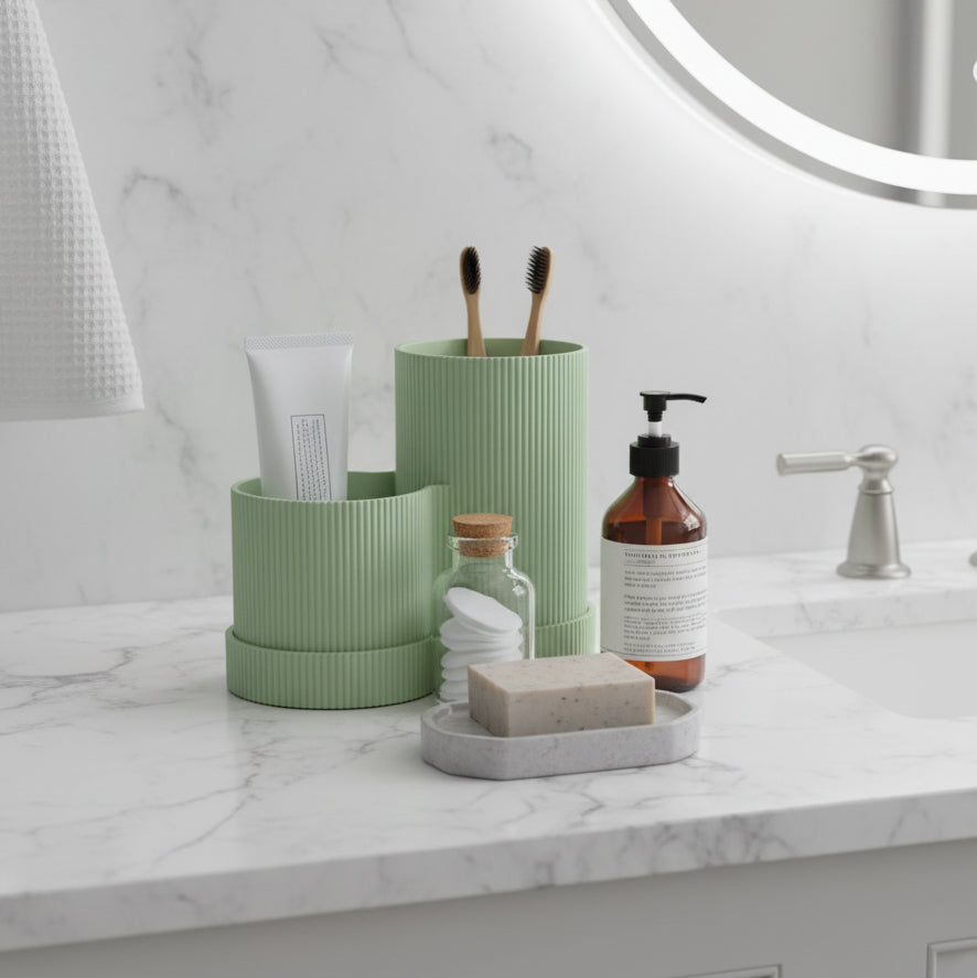 MyTinkly – Striped Dual Storage Toothbrush Holder with Tray | Cute & Hygienic Bathroom Organizer | Freestanding Stand for Toothbrushes & Paste